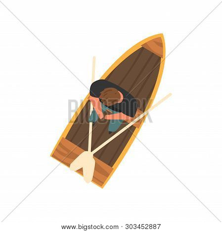 Man Sitting In Wooden Boat, Top View Vector Illustration