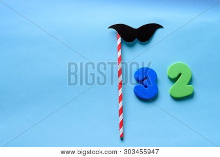 32 Celebrating Yellow Number With Mustache Cute Paper Mask On Straw Stick . Thirty Two Modern Alphab
