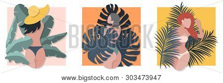 Beautiful Sexy Girl In Summer Exotic Tropic Leaves On Colorful Bacground. Bright Tropical Design Sum
