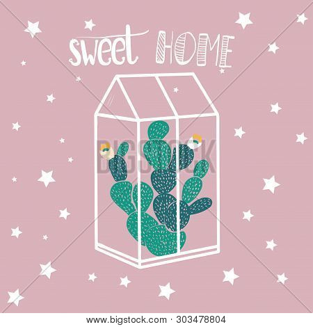 Home Decor In Modern Scandic Style. Succulents, Cactuses And Other Plants Growing In Florariums