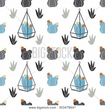 Home Decor In Modern Scandic Style. Succulents, Cactuses And Other Plants Growing In Florariums