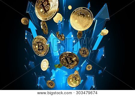 Blue Arrows Shots Up With High Velocity As Bitcoin (btc) Price Rises. Cryptocurrency Prices Grow, Hi