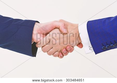 Successful Deal Handshake White Background. Shaking Hands At Meeting. Friendly Handshake Gesture. Ha