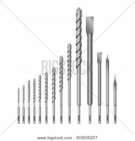 Realistic 3d Detailed Metallic Drill For Rock-drill Or Perforator Bits Set Tools For Construction Wo
