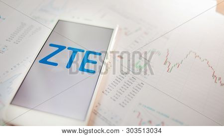 Saint Petersburg, Russia - May 27, 2019: Zte Securities Analytics, Concept. Mobile Phone With The Lo