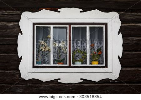 Window Of A Traditional Log Cabin, Orava Region, Slovakia.