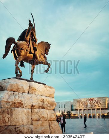Tirana, Albania. May 2019: Illuminated Monument To Skanderbeg In Scanderbeg Square In The Center Of 
