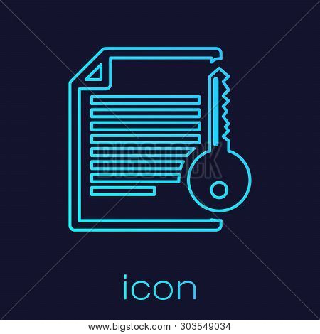 Turquoise Smart Contract Line Icon Isolated On Blue Background. Blockchain Technology, Cryptocurrenc