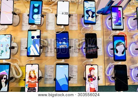 Moscow, Russia -may 15.2019. Samsung Cell Phones In Shop Window In Mvideo Store