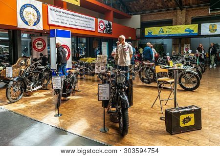 Berlin - May 11, 2019: Various Vintage Motorcycles Stand In A Row. 32th Berlin-brandenburg Oldtimer 