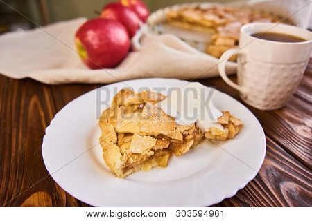 A Finished Plate And Spoon, After Eating Apple Pie A La Mode. Part Of A Series Of Images Showing The