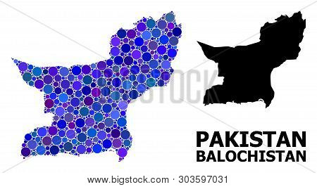 Blue Circle Mosaic And Solid Map Of Balochistan Province. Vector Geographic Map Of Balochistan Provi