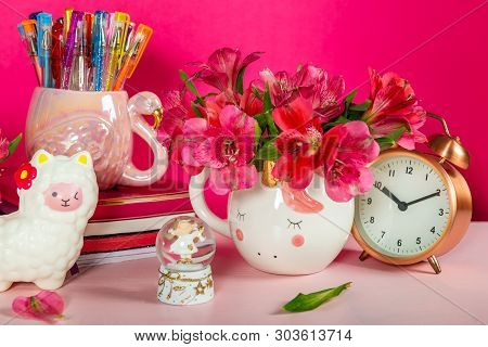 Different Notebooks, Alarm Clock, Unicorn Mug, Llama Squishy, Alstroemeria Flowers And Flamingo Mug 