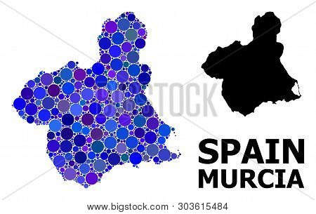 Blue Circle Dot Mosaic And Solid Map Of Murcia Province. Vector Geographic Map Of Murcia Province In