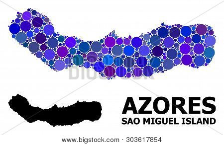 Blue Circle Mosaic And Solid Map Of Sao Miguel Island. Vector Geographic Map Of Sao Miguel Island In