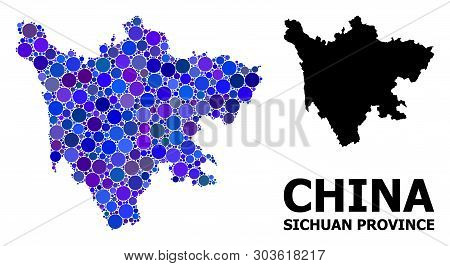 Blue Circle Dot Mosaic And Solid Map Of Sichuan Province. Vector Geographic Map Of Sichuan Province 