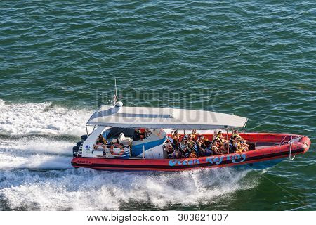 Benoa Harbour, Bali, Indonesia - February 26, 2019: Closeup Of Red And White Speed Boat Used For Oce