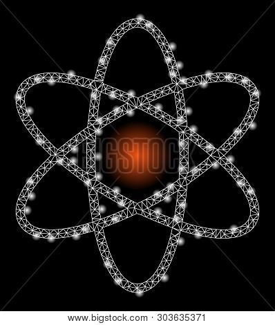 Bright Mesh Atom With Glare Effect. Shiny Wire Frame Triangular Network In Vector Format On A Black 