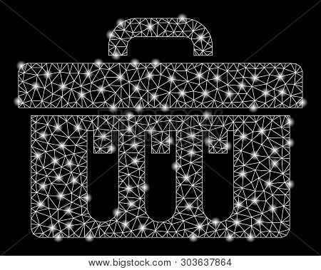 Bright Mesh Analysis Case With Lightspot Effect. Shiny Wire Frame Triangular Mesh In Vector Format O