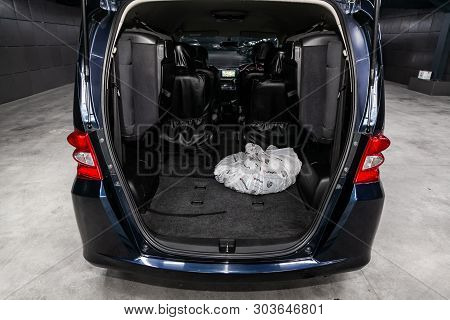Novosibirsk, Russia - May 28, 2019:  Honda Freed, Close-up Of The Luggage Boot, Front View. Photogra
