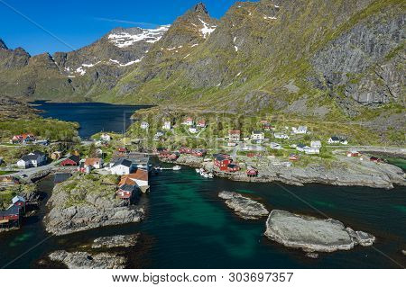 Aerial View Of Tind. Lofoten Islands. Norway. The Fishing Village Of Reine. Spring Time In Nordland.