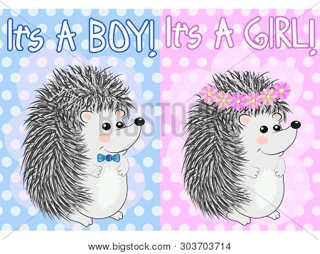Baby Shower Greeting Card With Babies Hedgehog Boy And Girl