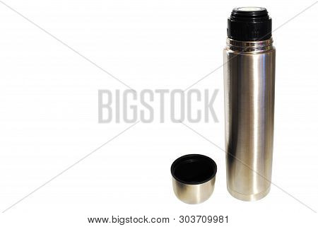 Metal Thermos For Hot Drinks On A White Background