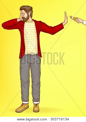 Quit Smoking, Struggling, Fighting With Nicotine Addiction Pop Art Vector Concept. Man Turning Away,