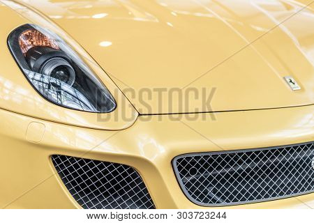 Prague, Czech Republic - 16/5/2019 Yellow Ferrari Headlights At Auto Show