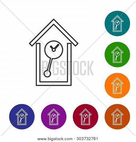 Grey Retro Wall Watch Line Icon On White Background. Cuckoo Clock Sign. Antique Pendulum Clock. Set 