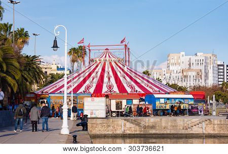 Barcelona, Spain - January 19, 2019: View Of Circus Tent Before New Spectacle Of Raluy Circus, Catal