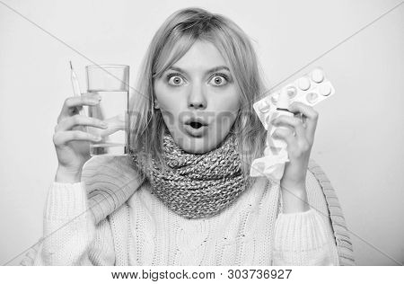 Girl Take Medicine To Break Fever. Breaking Fever Concept. Headache And Fever Remedies. Woman Sick P