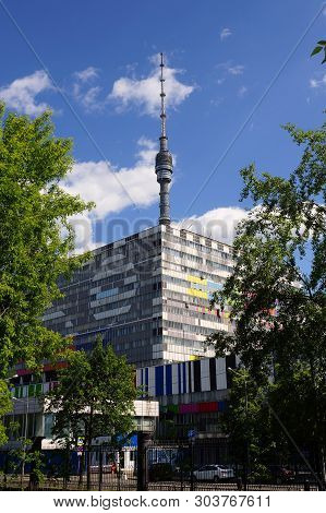 Moscow, Russia- May 19, 2019. Ostankino Tower And Telecentre Building. Academician Korolev Street, 1