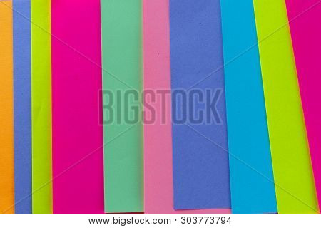 Blue, Pink, Yellow, Purple, Green, Orange Neon Paper Color For Background. Striped Geometric Pattern