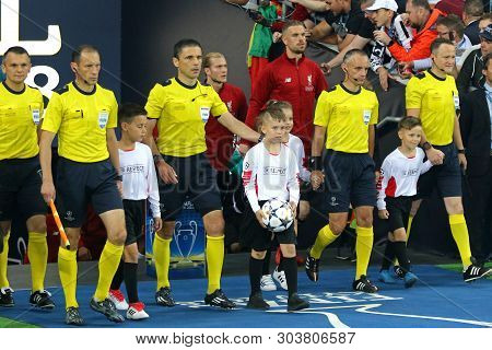 Kyiv, Ukraine - May 26, 2018: Referees And Players Go To The Pitch Of Nsc Olimpiyskiy Stadium In Kyi