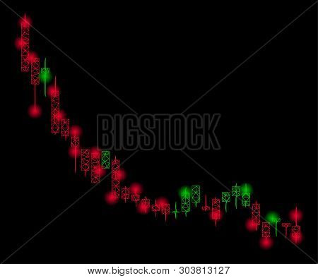 Bright Mesh Candlestick Chart Falling Slowdown With Glow Effect. Abstract Illuminated Model Of Candl