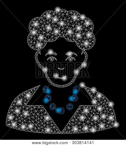 Bright Mesh Brunette Woman With Glare Effect. Abstract Illuminated Model Of Brunette Woman Icon. Shi