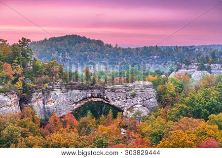 Daniel Boone National Forest, Kenucky, USA at the Natural Arch at dusk in autumn.