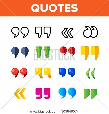 Quotation Marks, Inverted Commas Vector Color Icons Set. Quotation, Direct Speech Marks Linear Symbo