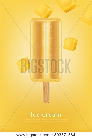 Mango Ice Cream Vector Realistic. Fresh Delicious Iace Cream Dessert On A Stick. Detailed Elements. 