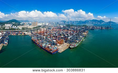Kwai Chung, Hong Kong 15 May 2019:  Top view of Kwai Chung Cargo Terminal in Hong Kong