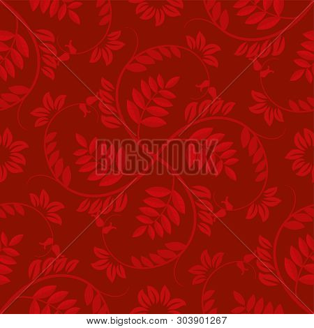 Seamless Floran Background In Red Tones With Branch Pattern.