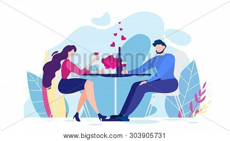 Romantic Dinner Cartoon Man And Woman Table, Nature Flower Background Vector Illustration. Girlfrien