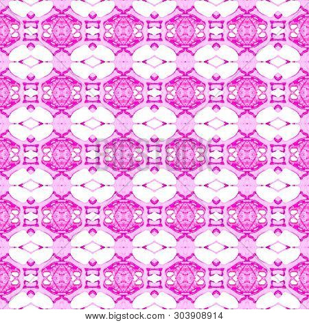 Pink Geometric Seamless Pattern. Hand Drawn Watercolor Ornament. Appealing Repeating Design. Nice Fa