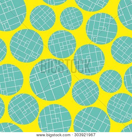 Contemporary Bright Blue Grid Textured Circles On Vibrant Yellow Background. Seamless Abstract Vecto