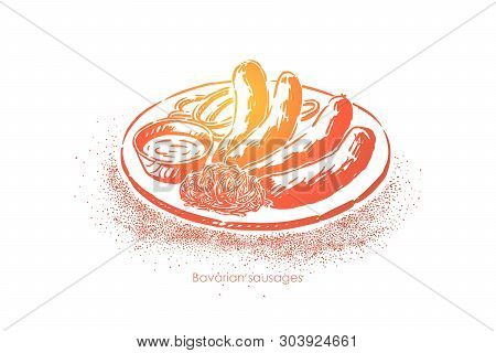 Bavarian Sausages, Cooked Bratwurst, Grilled Meat With Sauce And Sauerkraut, Restaurant, Pub Menu. D