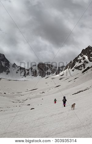 Two Trekkers With Dog On Snowy Plateau In High Mountains And Cloudy Storm Sky At Gray Day. Turkey, K