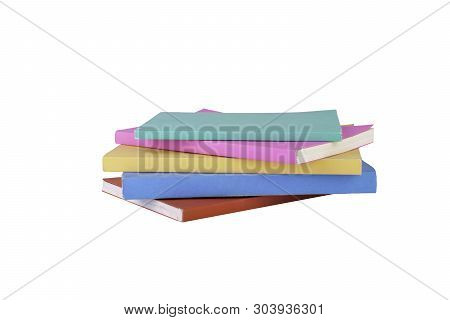 Stack Of Multi Color Books On Isolated White Background. Clipping Path Use. Education And Object Con