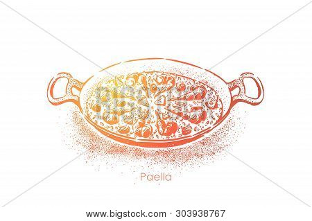 Paella, National Seafood, Rice Dish Spiced With Saffron And Olive Oil, Delicious Meal With Shrimps, 