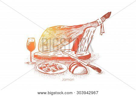 Gourmet Dinner, Traditional Jamon, Meat Slices On Plate With Knife And Wine, National Cuisine, Delic